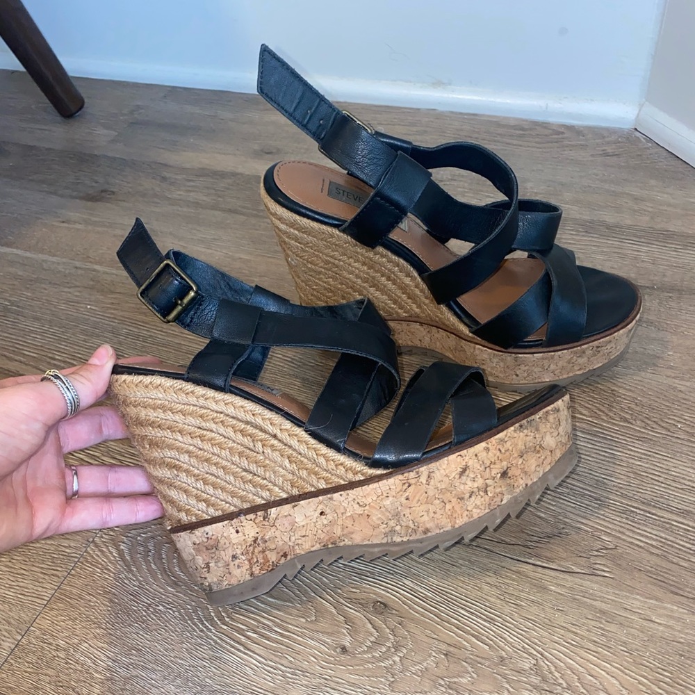 Steve Madden Black Cork Espadrille Wedge Sandals